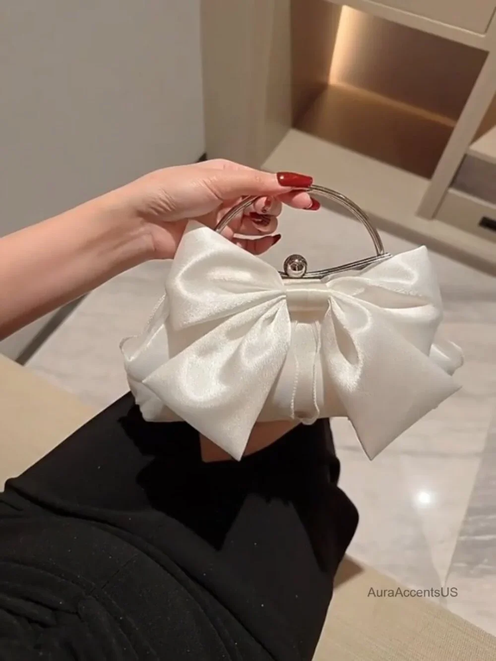 Satin Pleated Bow Evening Clutch with Chain Strap